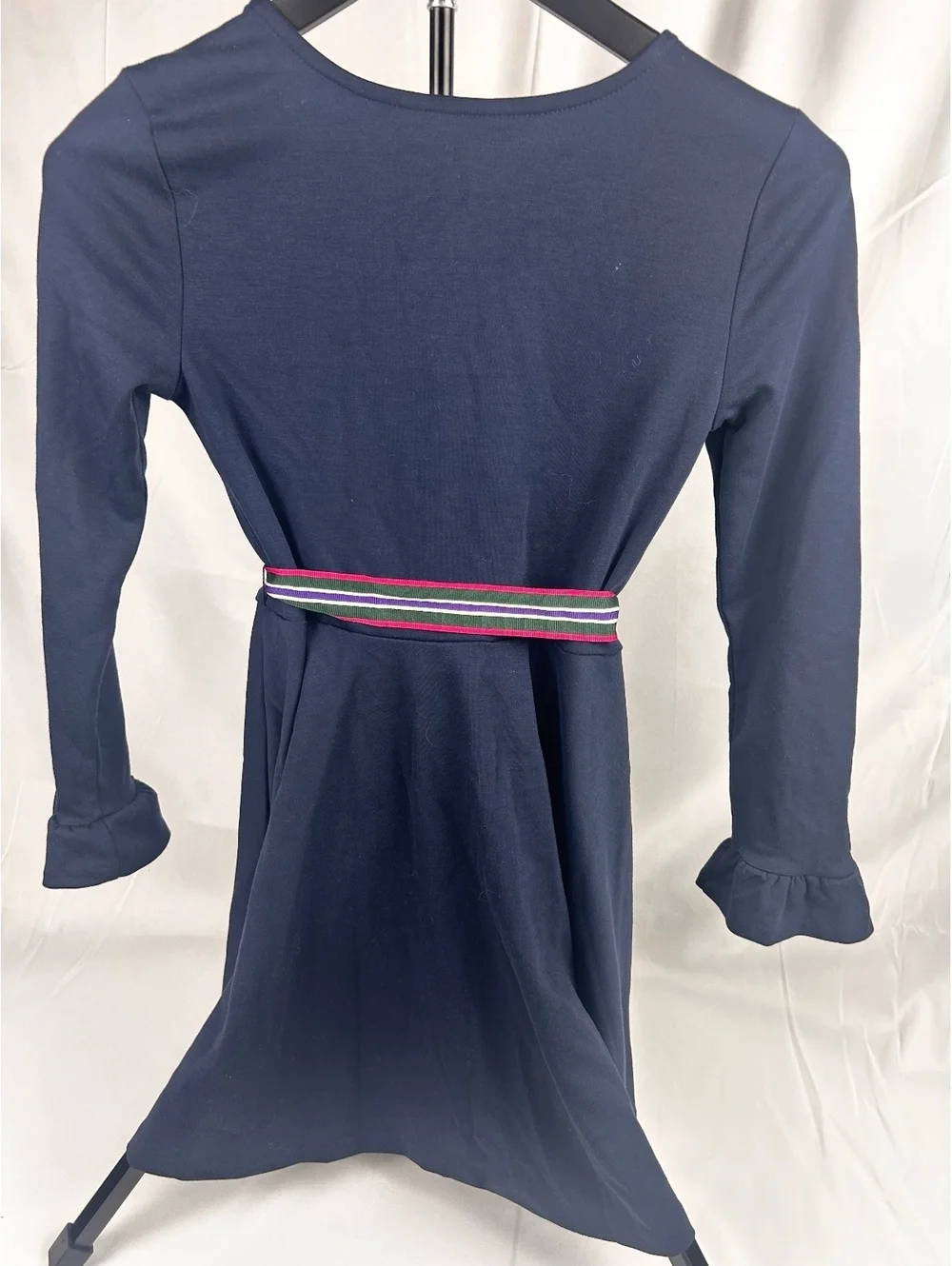 Polo Ralph Lauren Girls Navy Blue Long Sleeve Dress with Striped Waist Tie Size